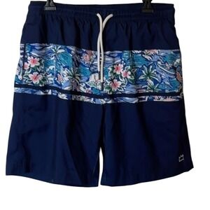Crown & Ivy Mens Swim Trunks Floral Blue Drawstring‎ Waist Beach Pool Shorts